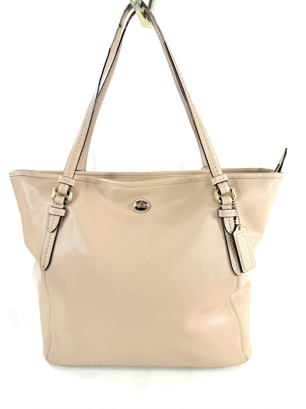 COACH Peyton F27349 Sand Beige Crossgrain Leather Large Tote Bag Charm Logo